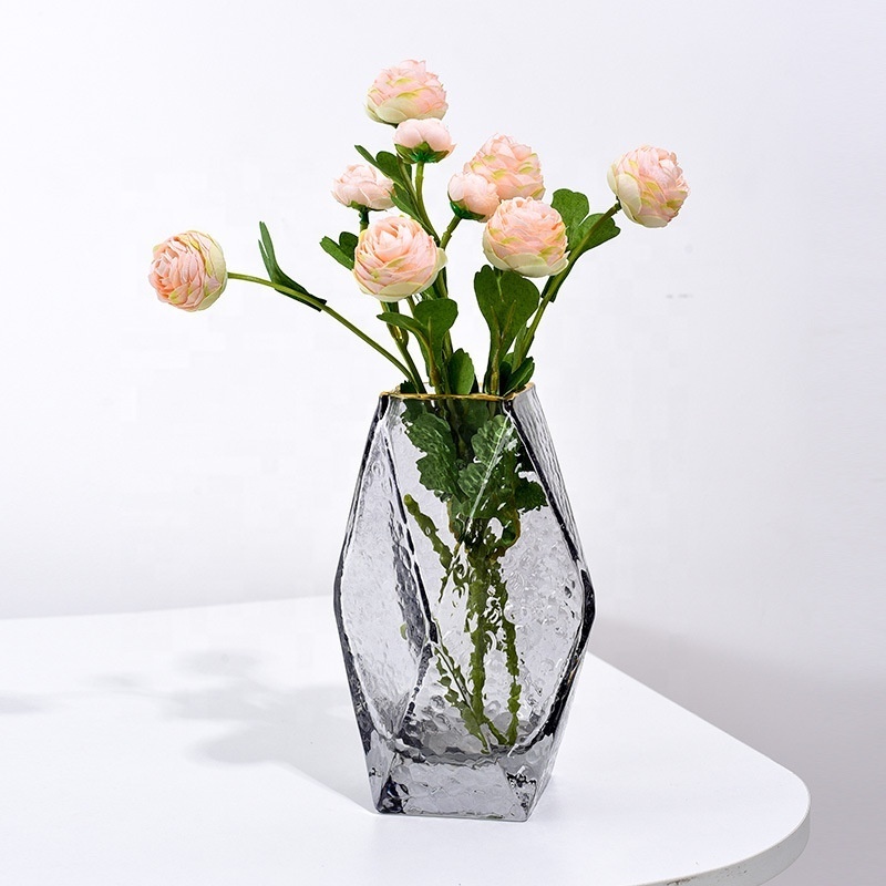 Tabletop Modern Living Room Decoration Clear Grey Glass Flower Vase Decor with Gold Rim For Home Use