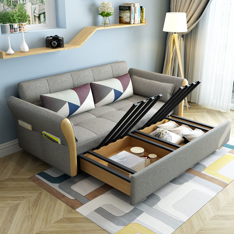 Portable Folding Sofa Bed Solid Wood Frame Convertible Sofa Three Seat Sofa Cum Bed Living Room Furniture Couch