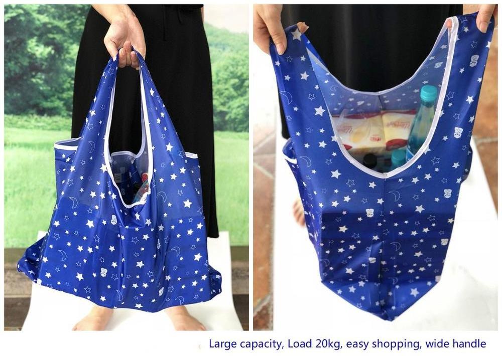 Extra Large Eco 210D oxford Promotion Folded shopping Bag Nylon Polyester Reusable Waterproof Bag with Pouch attached