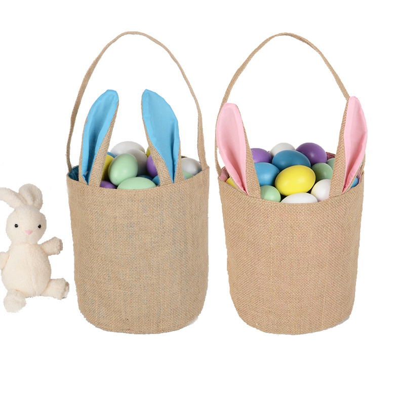 Hot Selling Easter Bunny Rabbit Ears Cute Shape Round Bottom Candy Gift Bag jute Tote Bag Canvas Bag