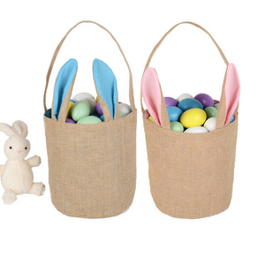 Hot Selling Easter Bunny Rabbit Ears Cute Shape Round Bottom Candy Gift Bag jute Tote Bag Canvas Bag