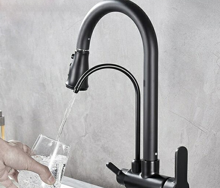 Matte Black Brushed Nickel Lead Free Mixer Tap 2 Handle 3 In 1 Kitchen Pull Out Drinking Water Filter Purifier Faucet