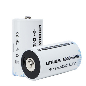 New Trend Rechargeable Batteries D size LR20 6000mWh 1.5v Lithium ion cell with Type C USB charging port for Flashlight