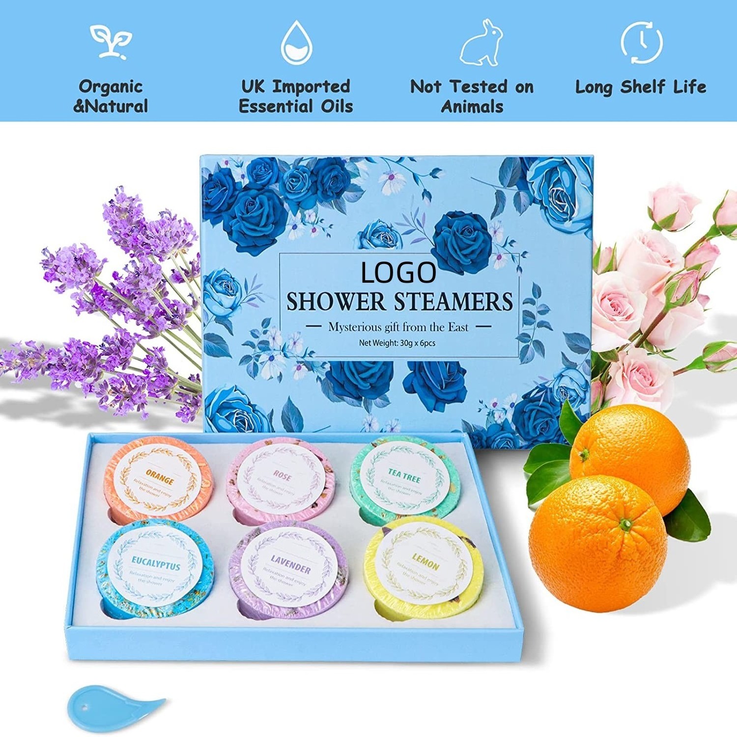 OEM Eco-friendly Box Package Fatigue Relief Essential Oil Aromatherapy Shower Steamers Tablets Set Bath Bombs