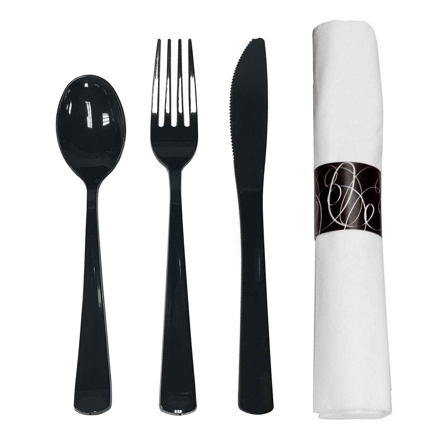 Custom OEM  Black Ps Plastic fork and spoon knife  disposable Individually Package napkin and cutlery set for restaurant