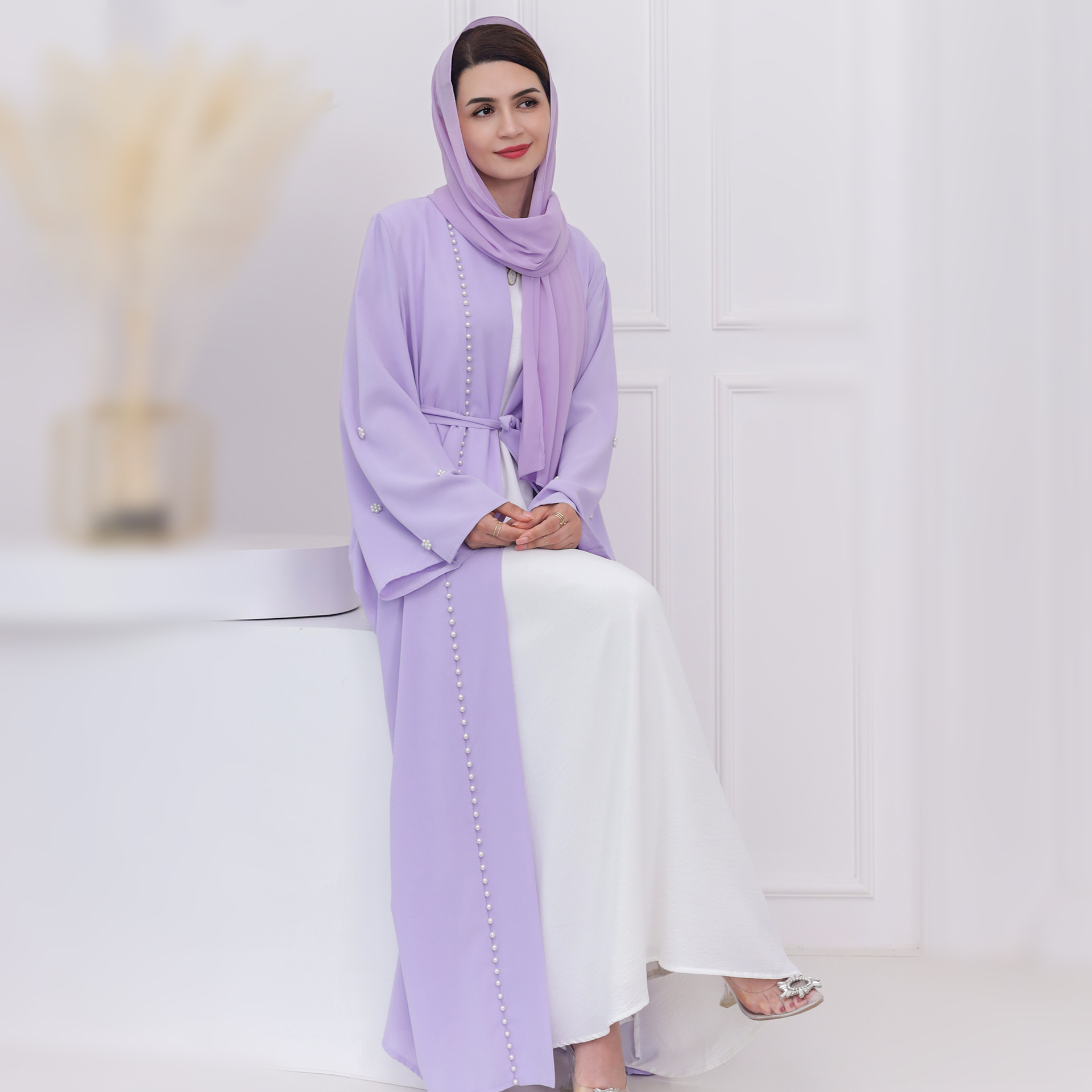 Wholesale Islamic Clothing Dubai Islamic Eid Modest Abayas Kimono Muslim Women Dress Handmade Beads Open Abaya