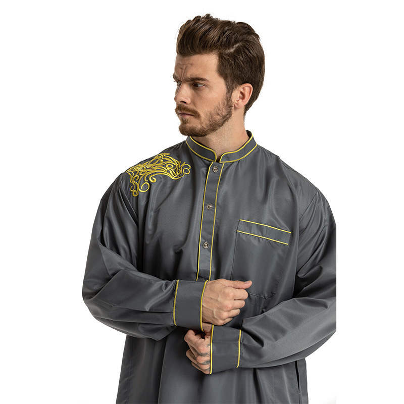 Hot selling Middle Eastern Muslim Ethnic Clothing Men Embroidery Long Sleeved Loose Standing Collar Arab Robe For Men