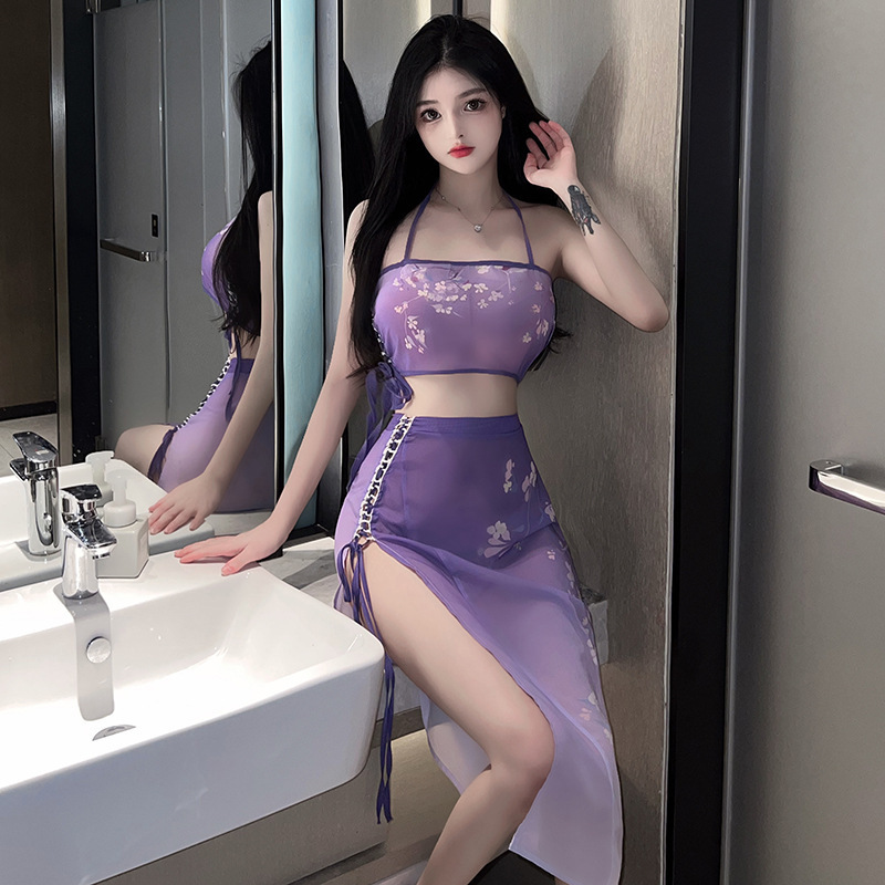 Classic Sexy Ancient Hanfu Pajamas Gauze Perspective Temptation Wrapped Chest Split Sexy Lingerie Dancer Costume