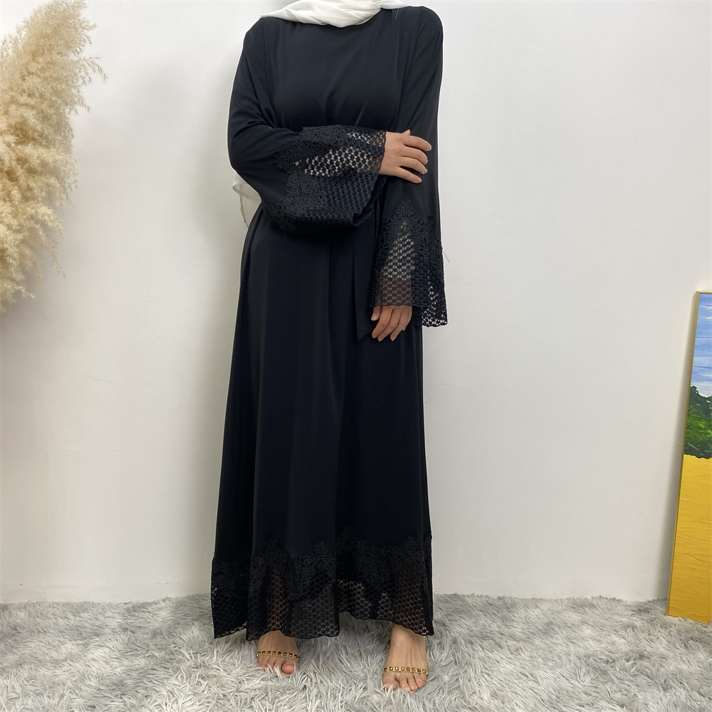 Women Muslim Lace Robe Dress Middle Eastern Casual Dress Arab Dubai Muslim Robe Women Abaya Islamic Long Dress