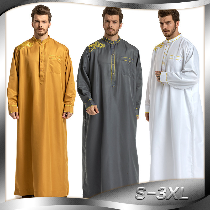 Hot selling Middle Eastern Muslim Ethnic Clothing Men Embroidery Long Sleeved Loose Standing Collar Arab Robe For Men