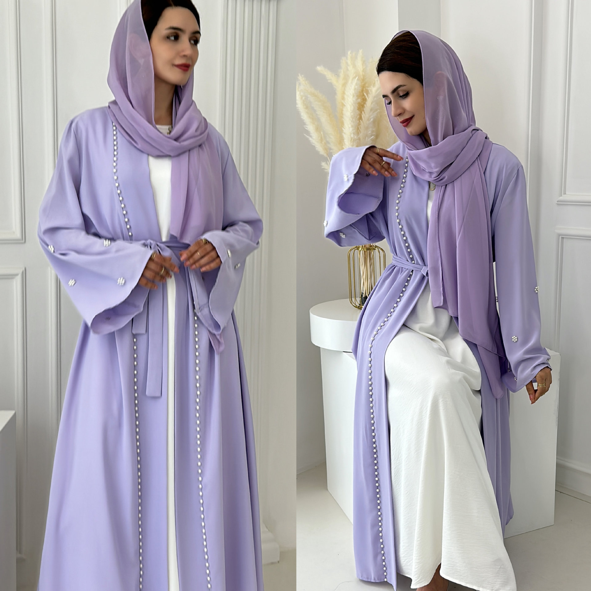 Wholesale Islamic Clothing Dubai Islamic Eid Modest Abayas Kimono Muslim Women Dress Handmade Beads Open Abaya