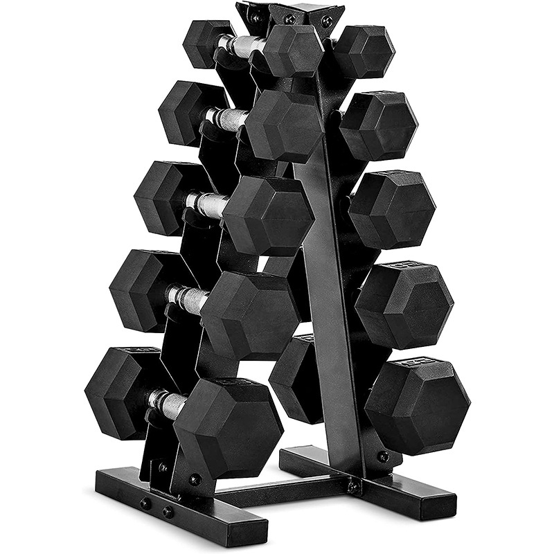 Customizable 2.5-50 kg hexagonal dumbbell set with bracket, high-quality rubber coated hex dumbbells