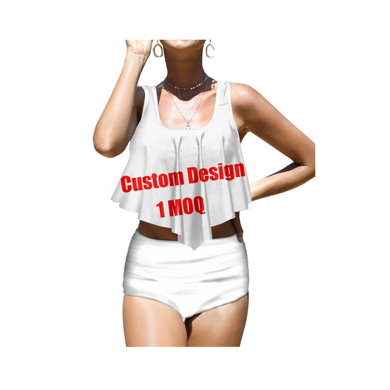 wholesale Custom your print Two Piece Woman Sexy Bikini Set Polynesian Tanga Swimwear Ruffle High Waist Swimsuit Swim Wear 2023