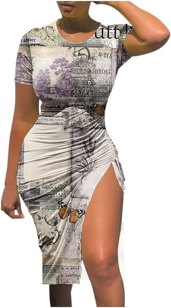 Wholesale Bodycon Club Dress For Women Plus Size Slit Midi Tshirt Dresses Ladies Summer Sexy News Paper Date Night Curvy Dress