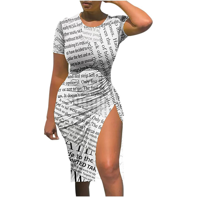 Wholesale Bodycon Club Dress For Women Plus Size Slit Midi Tshirt Dresses Ladies Summer Sexy News Paper Date Night Curvy Dress