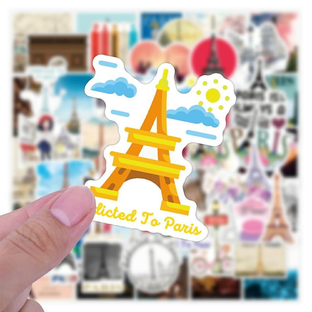 50pcs Paris Eiffel Tower Building Scenery PVC Waterproof Sticker Pack for Laptop Mug Luggage Scrapbook Decor Sticker