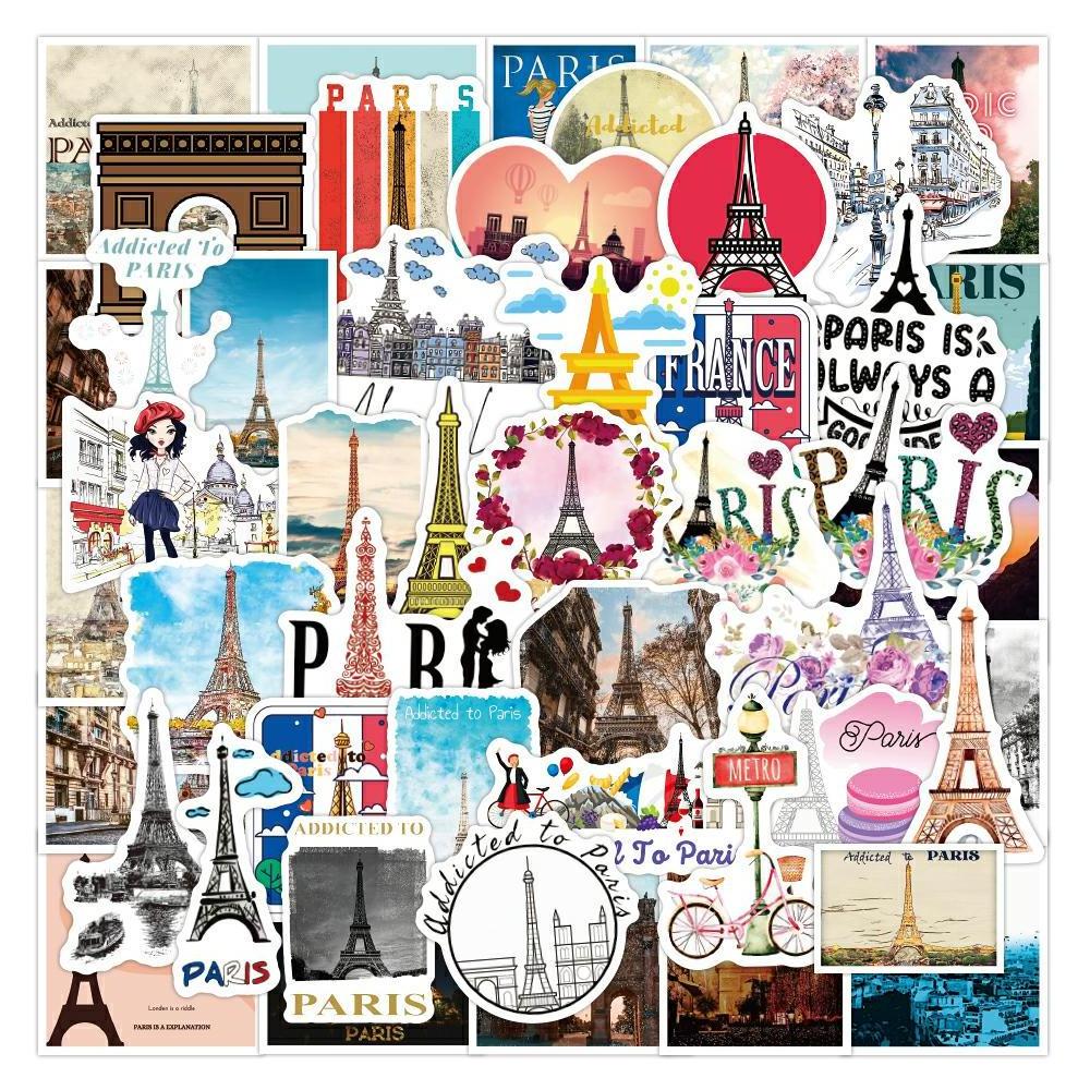 50pcs Paris Eiffel Tower Building Scenery PVC Waterproof Sticker Pack for Laptop Mug Luggage Scrapbook Decor Sticker