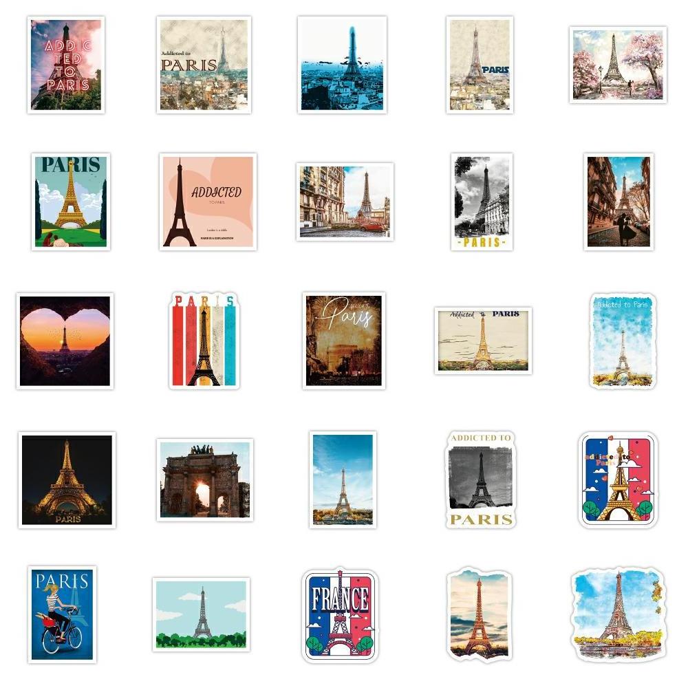 50pcs Paris Eiffel Tower Building Scenery PVC Waterproof Sticker Pack for Laptop Mug Luggage Scrapbook Decor Sticker