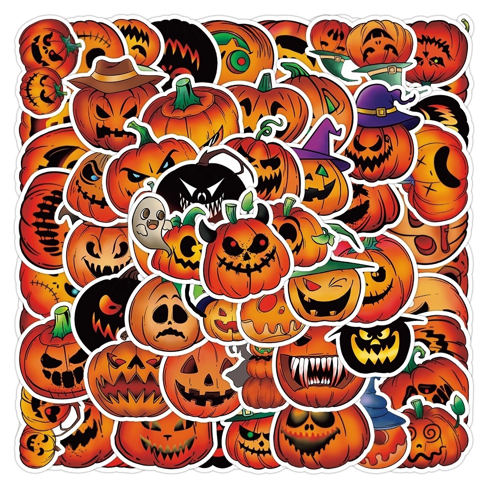 Hot Sale 50Pcs Cartoon Halloween Pumpkin Stickers for kids Waterproof Vinyl Laptop Window Gifts Wall Jack-o'-lantern Stickers