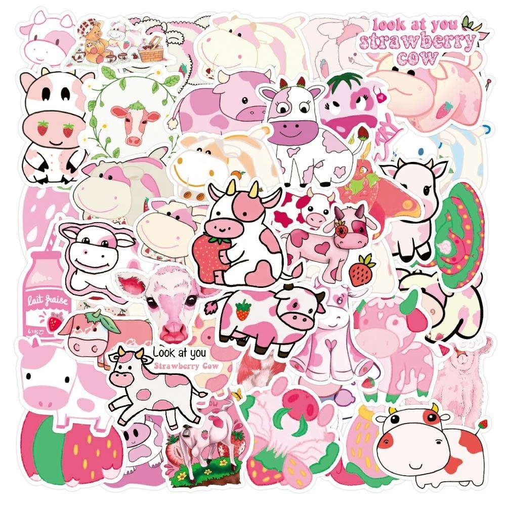 50pcs hotsale cute cartoon strawberry cow and dairy cattle graffiti stickers for luggage guitar car waterproof stickers