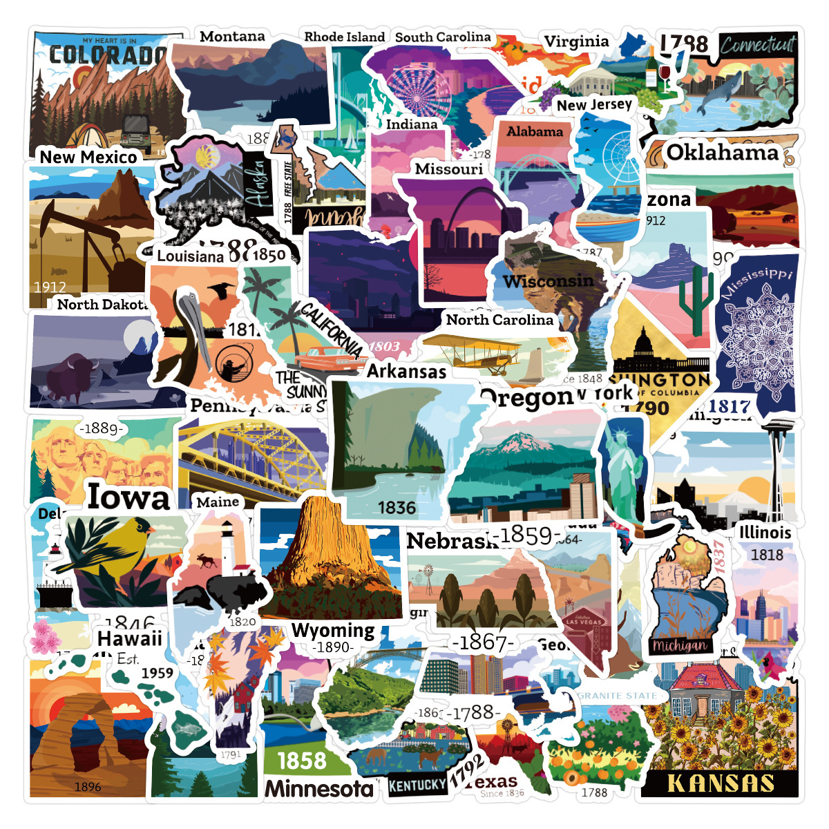 50Pcs New US Continent Map Cartoon Graffiti Stickers For Kid Notebook Wall Scrapbook Decoration Geography Learning Sticker