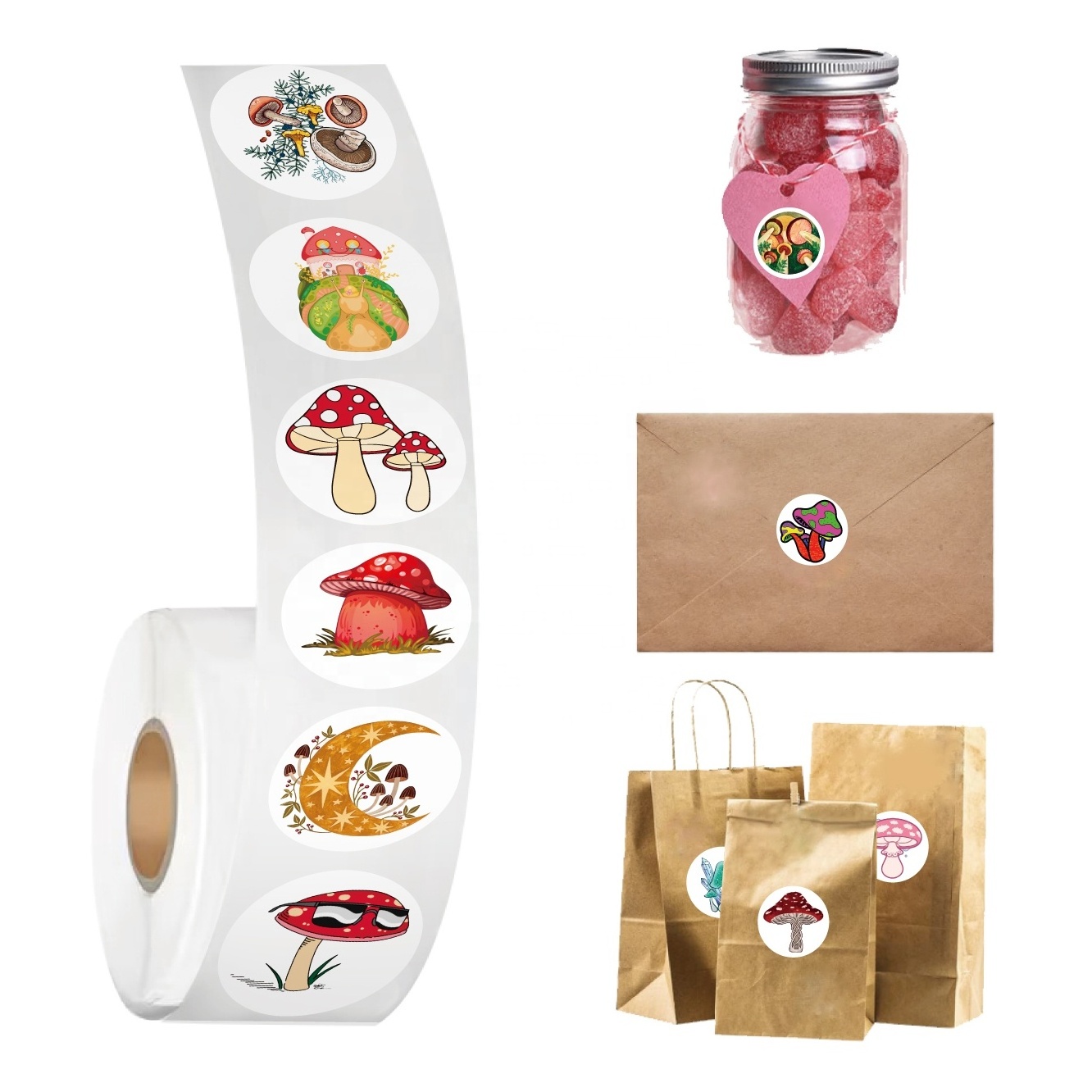 200pcs/roll Cartoon Mushroom Roll Stickers Waterproof PVC Laptop Phone Wall Graffiti Roll Sticker of gifts Decor