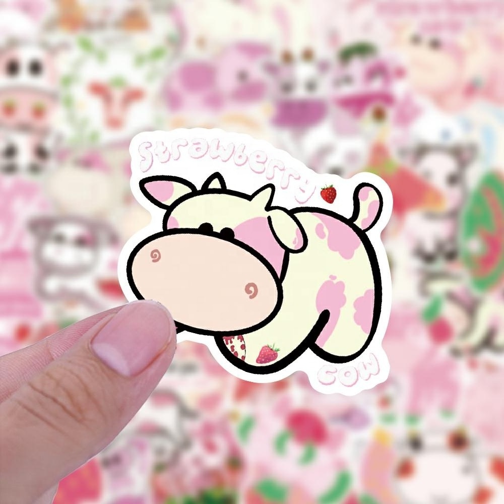 50pcs hotsale cute cartoon strawberry cow and dairy cattle graffiti stickers for luggage guitar car waterproof stickers