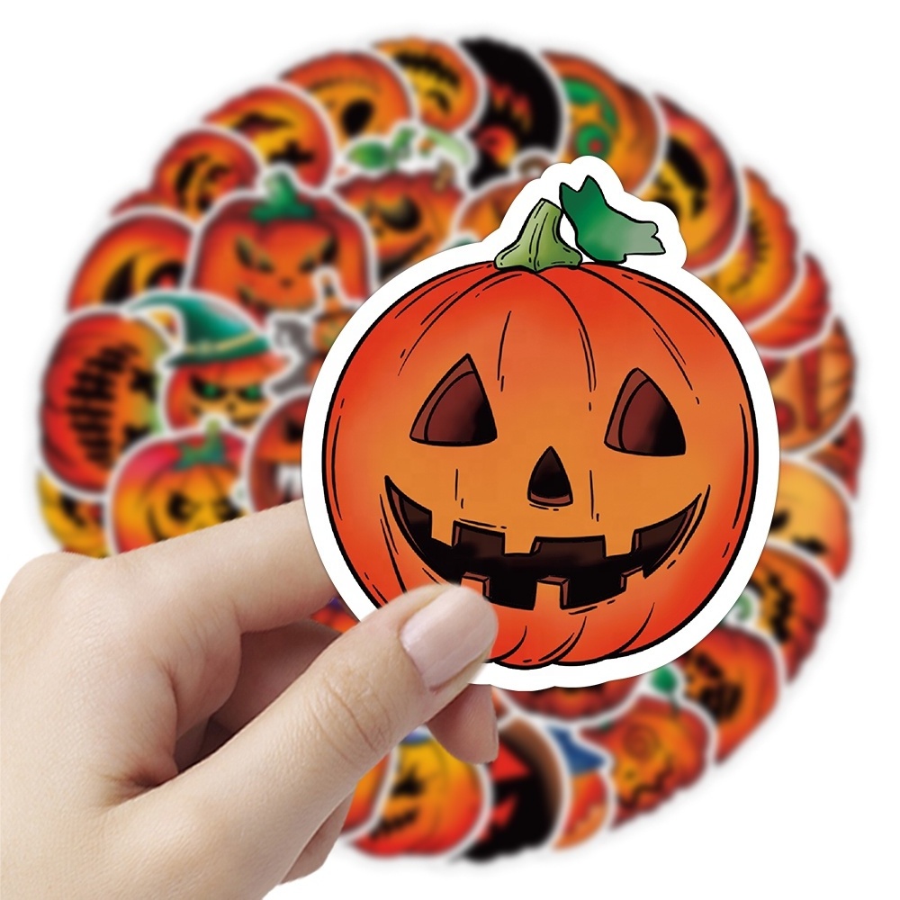 Hot Sale 50Pcs Cartoon Halloween Pumpkin Stickers for kids Waterproof Vinyl Laptop Window Gifts Wall Jack-o'-lantern Stickers