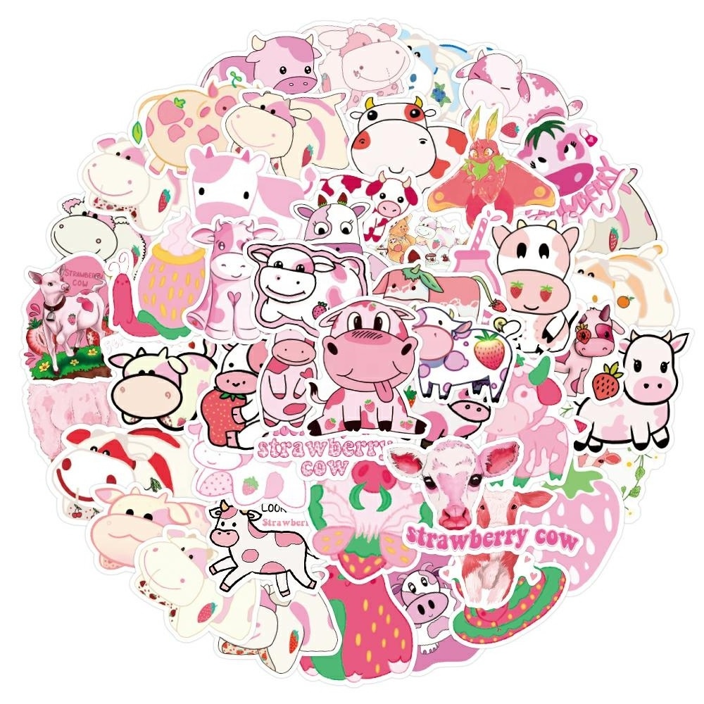 50pcs hotsale cute cartoon strawberry cow and dairy cattle graffiti stickers for luggage guitar car waterproof stickers