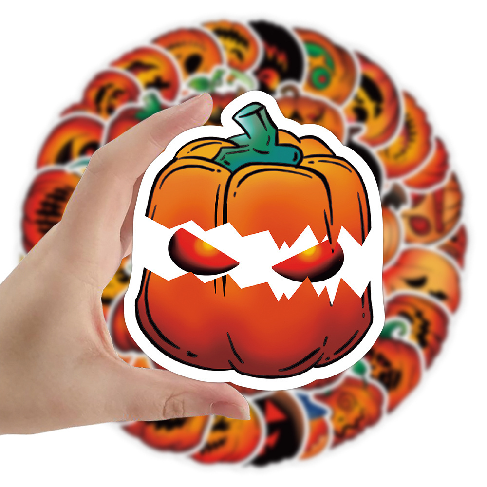 Hot Sale 50Pcs Cartoon Halloween Pumpkin Stickers for kids Waterproof Vinyl Laptop Window Gifts Wall Jack-o'-lantern Stickers