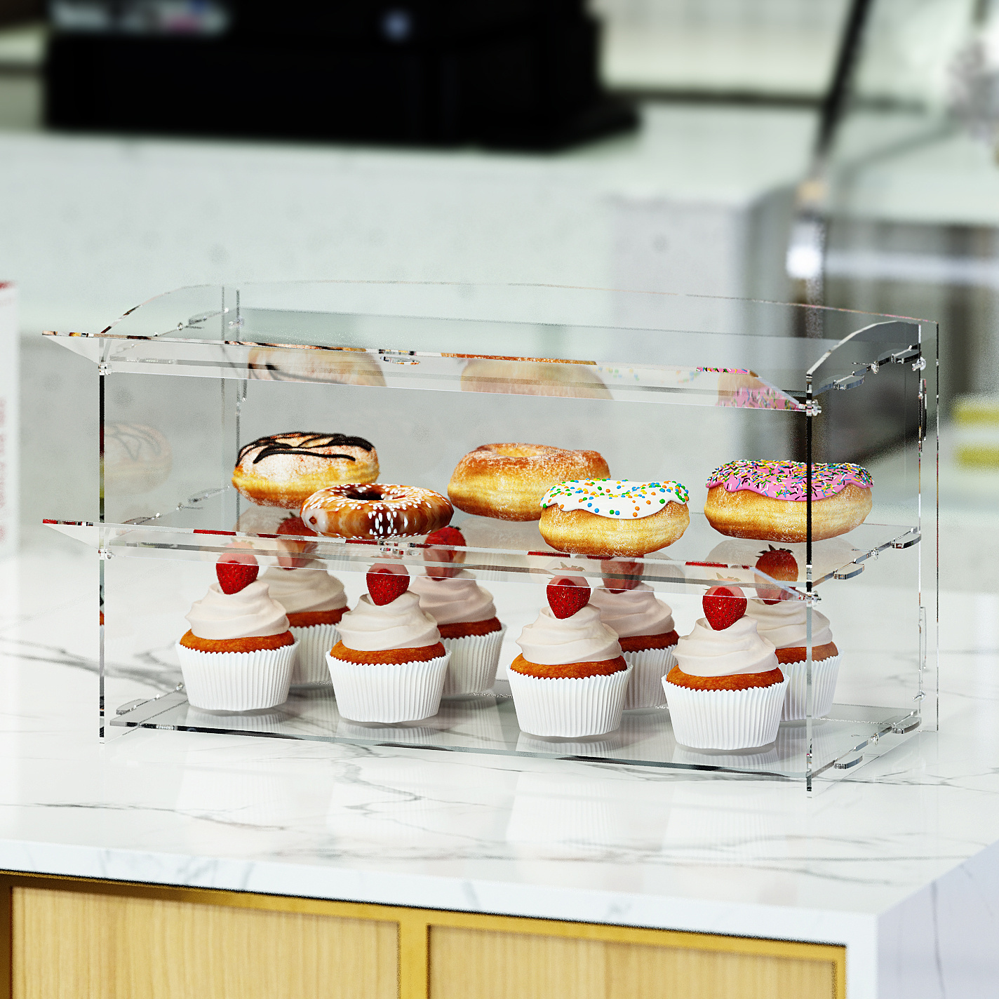 Custom Acrylic Display Case 2 Layer Bakery Pastry Display Case, Acrylic display cabinet for Self Serve Food Bread Sandwich