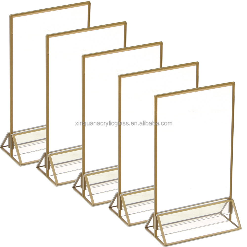 Double Sided Menu Holder Table Display Stand Frames Clear Acrylic Gold Frames Sign Holders Gold Edge Table Holder