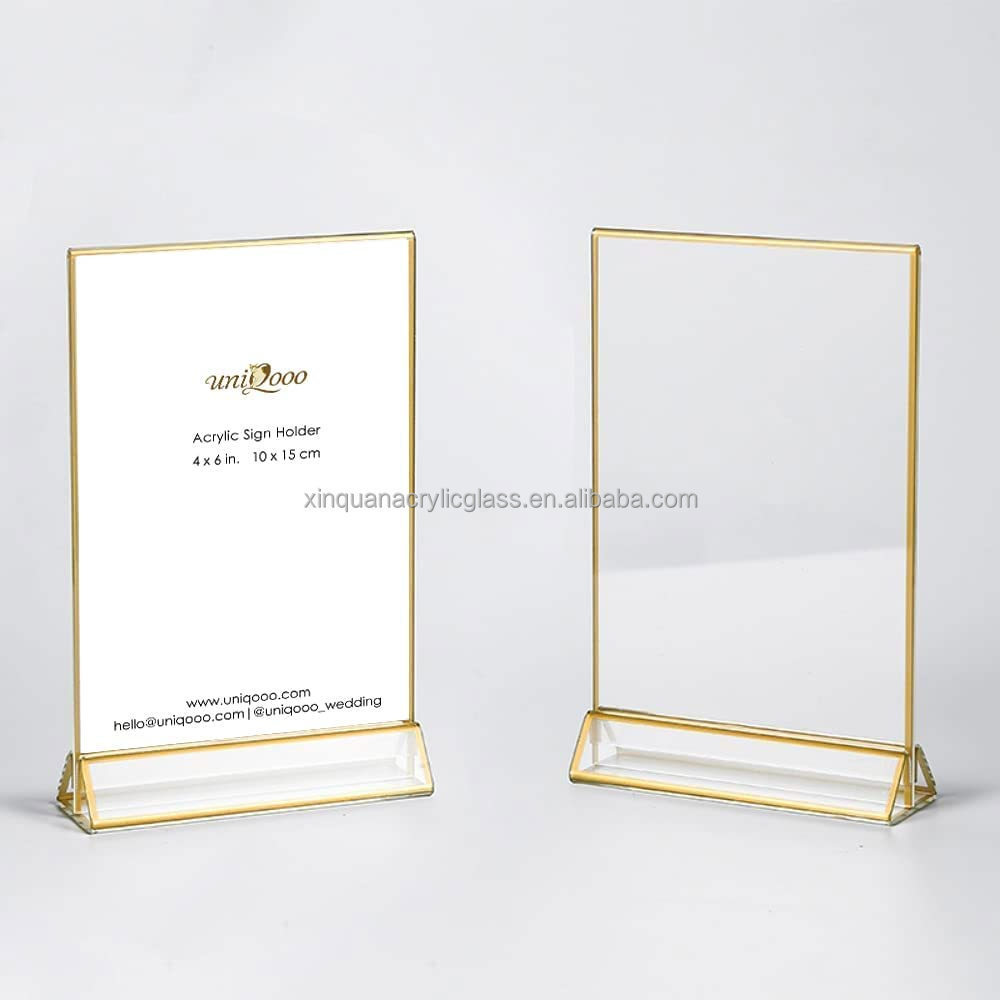 Customized Clear Acrylic Double Sided Frames Gold Borders Sign Holder For Wedding Table Numbers Clear Photos Menu Holders