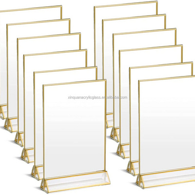 Customized Clear Acrylic Double Sided Frames Gold Borders Sign Holder For Wedding Table Numbers Clear Photos Menu Holders