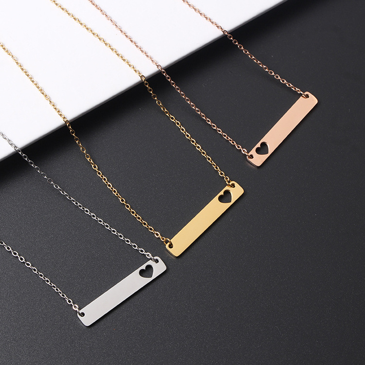 Hot Sales Custom Name Statement Stainless Steel Jewelry Gold Plated Heart Bar Pendant Necklace