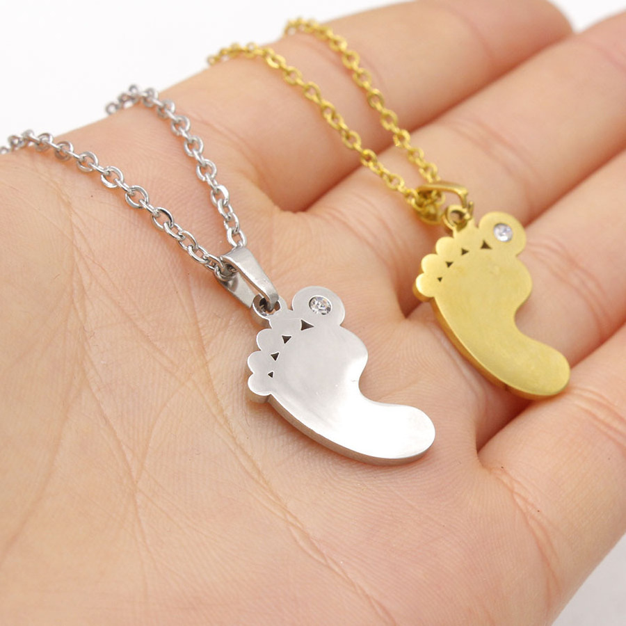 Stainless Steel Mirror Polished 18inch Chain DIY Women Baby Initial Jewelry Gift Rhinestone Baby Feet Pendant Necklace