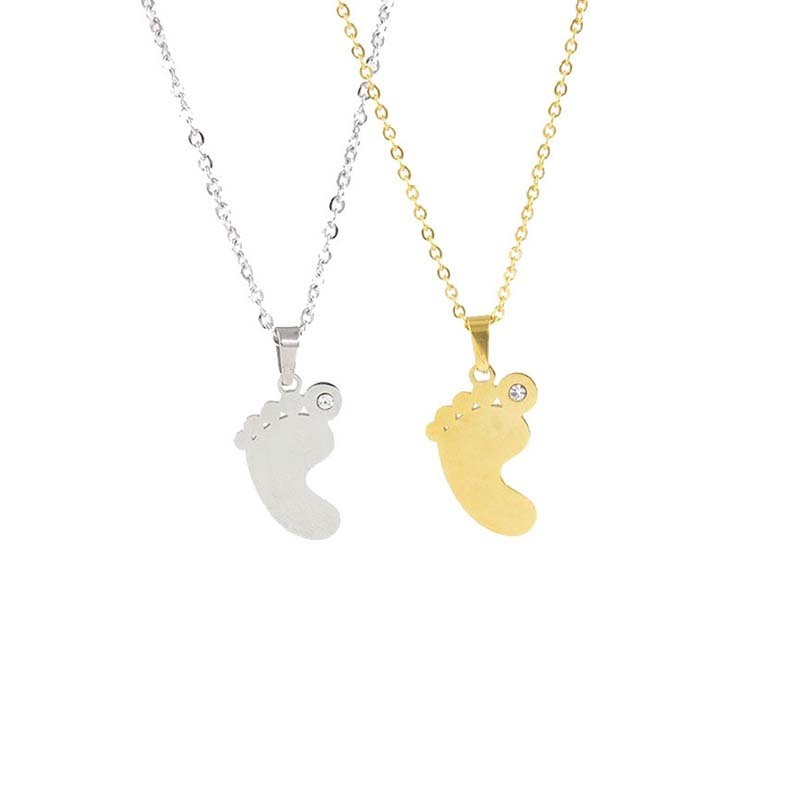 Stainless Steel Mirror Polished 18inch Chain DIY Women Baby Initial Jewelry Gift Rhinestone Baby Feet Pendant Necklace