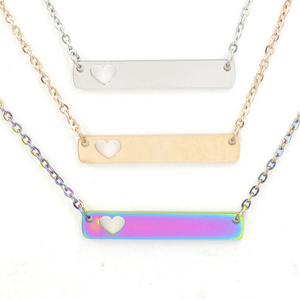 18" Chain Stainless Steel Mirror Polished 35*6mm Girlfriend DIY Personalized Hollow Heart Blank Bar Pendant Necklace