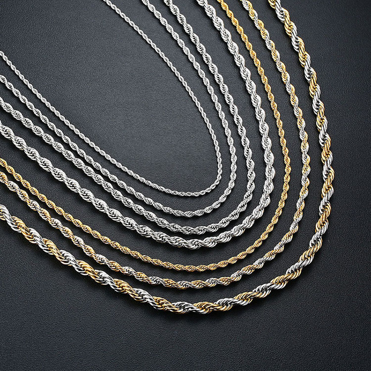 Factory 2-5mm twisted link chain necklace stainless steel gold silver rope chains for jewelry making