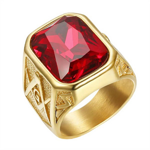 fashion stainless steel red ruby stone jewelry gold plated gemstone ring