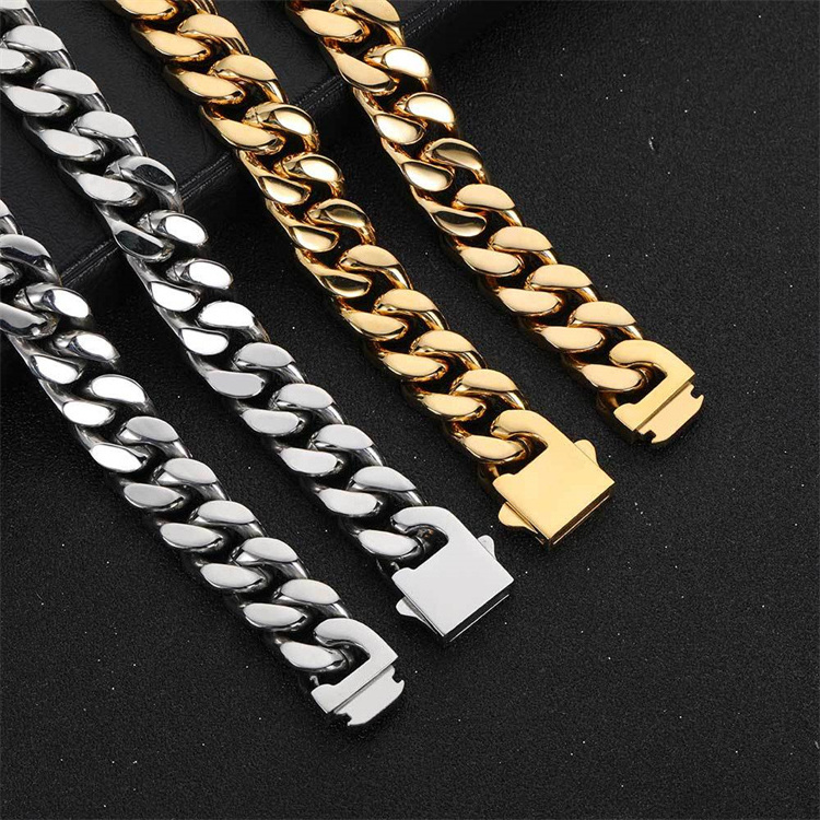 Hip Hop Stainless Steel Four Sided Grinding Cuban Chain High Polished Spring Buckle Titanium Steel Cut Face Necklace Bracelet