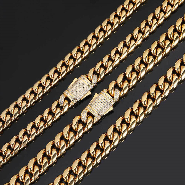 Hip hop Zircon Spring Buckle Stainless Steel Necklace Round Ground High Polished Cuban Chain Men Necklace Cuban Link Chain