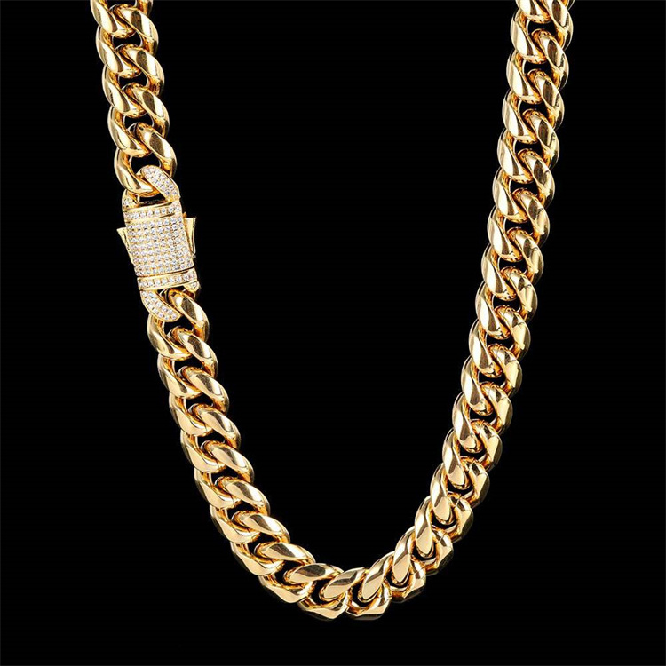 Hip hop Zircon Spring Buckle Stainless Steel Necklace Round Ground High Polished Cuban Chain Men Necklace Cuban Link Chain