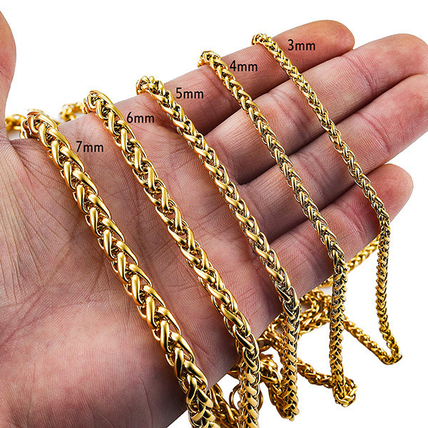 Wholesale 4mm 5mm 6mm 7mm 8mm Waterproof Link Chain Customized Stainless Steel Gold Plated Wheat Chain Necklaces For Men Women