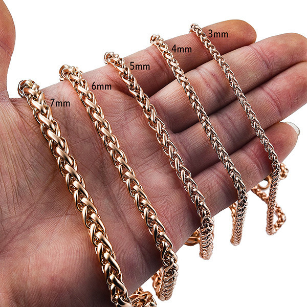 Wholesale 4mm 5mm 6mm 7mm 8mm Waterproof Link Chain Customized Stainless Steel Gold Plated Wheat Chain Necklaces For Men Women