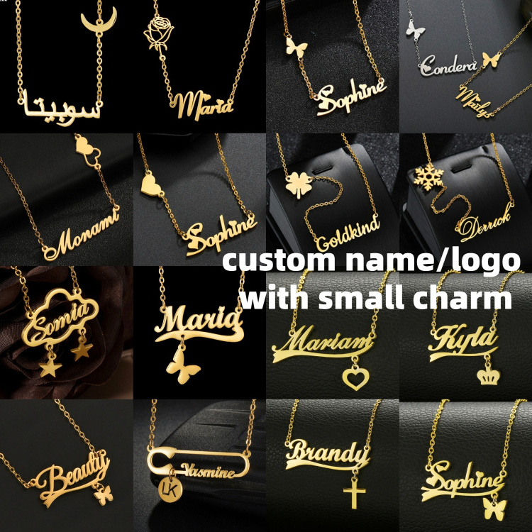 Wholesale Personalized Letter dangle charms Statement Necklaces Gold Plated Stainless Steel Custom Logo Name Pendant Necklace