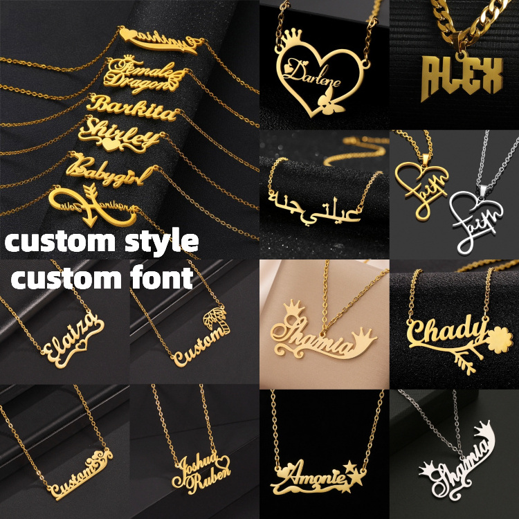 Wholesale Personalized Letter dangle charms Statement Necklaces Gold Plated Stainless Steel Custom Logo Name Pendant Necklace