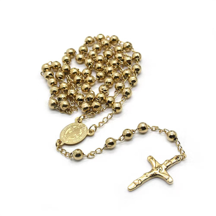 Vintage beaded chain jewelry gold plated stainless steel oval virginmary charm cross pendant rosary necklace