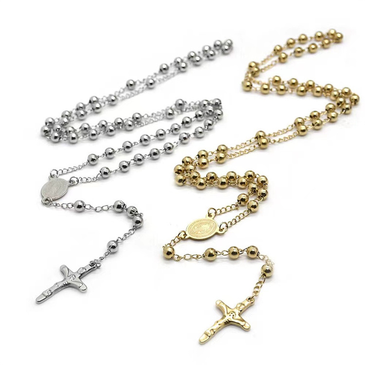 Vintage beaded chain jewelry gold plated stainless steel oval virginmary charm cross pendant rosary necklace