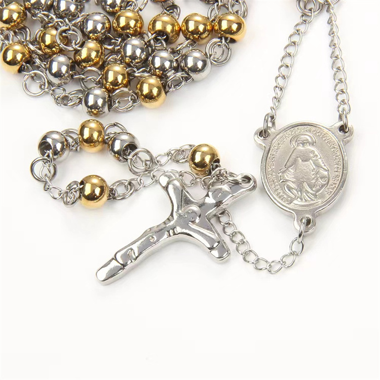 Vintage beaded chain jewelry gold plated stainless steel oval virginmary charm cross pendant rosary necklace